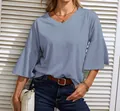Detailed view of casual light blue V-neck T-shirt with stylish bell sleeves for women. - S / Tops / Gray