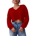 Detail view of a stylish red V-neck cropped knit sweater for women, perfect for fall season. - S / Tops / Red