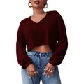 Close-up of women's burgundy V-neck cropped knit sweater showing ribbed texture and fit - S / Tops / Burgundy