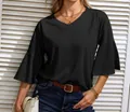 Detailed view of women's casual black V-neck top with stylish bell sleeves and loose fit - S / Tops / Black