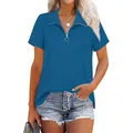 Front view of casual women's blue ribbed polo t-shirt featuring a stylish zipper detail - S / Tops / Blue