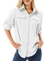 Detail showing women's white quick-dry sun protection shirt with button pockets - XS / Tops / White