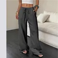 Casual effen damesbroek met wijde pijpen, trekkoord in de taille en zijzakken - S / Bottoms / donkergrijs