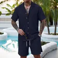 Herren Sommer Casual Set mit strukturiertem Kurzarmhemd und Shorts in Dunkelblau - Marineblau