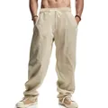 Men's loose fit linen casual pants in beige with drawstring waist and wide leg - Light Khaki