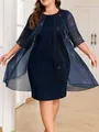 Elegant women's navy blue two-piece party dress featuring a glittery sheer overlay detail - S / Top And Bottom / Navy Blue