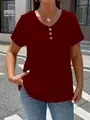 Casual V-neck loose short-sleeve T-shirt for women in wine red color - Burgundy