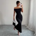 Elegant off-the-shoulder black ruched maxi dress for formal evening and party events. - S / Black
