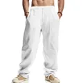 Detailed view of men's white linen casual wide-leg pants with drawstring waist. - S / Bottoms / White