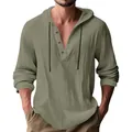 Detail of olive green men's linen long sleeve hooded henley shirt with textured fabric - S / Tops / Army Green