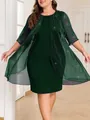Elegant dark green knee-length dress with matching sparkly sheer shrug for formal events. - Green