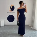 Elegant navy blue off-the-shoulder maxi dress with ruching and metal buckle detail - S / Navy Blue