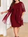 Elegant wine red two-piece dress set featuring a shimmering sequined sheer cardigan. - S / Top And Bottom / Burgundy