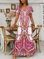 Elegant pink retro print V-neck maxi dress with short sleeves for summer holiday - S / Tops / Rose Red