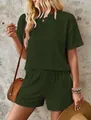 Detailed view of a dark green waffle knit two-piece casual summer set for women. - Army Green