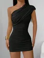 Detail view of a black one-shoulder ruched bodycon mini dress for women - S / Tops / Black