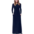 Elegant navy blue long sleeve crew neck maxi dress with side pockets for autumn - S / Dresses / Navy Blue
