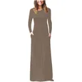 Elegant solid brown long sleeve maxi dress featuring functional pockets and round neck - S / Dresses / Khaki
