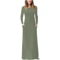 Olive green long sleeve round neck maxi dress with side pockets and pleated waist - S / Dresses / Army Green