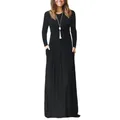 Detail view of long-sleeved black maxi dress with crew neck and functional side pockets - S / Dresses / Black