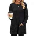 Casual women's black ribbed long sleeve knit sweater with round neck and pockets - S / Tops / Black