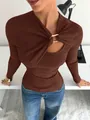 Detailed view of brown long sleeve ribbed top with asymmetrical cutout and gold buckle. - S / Tops / Dark Brown