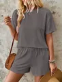 Close-up of a grey wavy texture short sleeve top and shorts two-piece set for summer - S / Top And Bottom / Gray