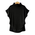 Close-up detail of a black mock neck batwing sleeve top featuring soft and breathable fabric - S / Tops / Black