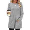 Close-up of grey ribbed knit tunic with long sleeves and two functional front pockets. - S / Tops / Gray