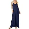 Full-length view of a navy blue sleeveless maxi dress featuring pockets and spaghetti straps. - Navy Blue