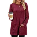 Close-up of a women's ribbed knit tunic in burgundy, featuring functional front pockets. - S / Tops / Burgundy