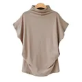 Detail view of khaki mock neck top with loose batwing sleeves and soft drape - S / Tops / Khaki