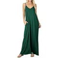Vue d'ensemble d'une robe longue vert foncé à fines bretelles et poches latérales - S / Haut Et Bas / Vert