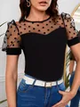 Slim fit black T-shirt with sheer mesh polka dot patchwork detail and round neck. - S / Tops / Black