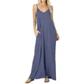Detailed view of a loose sleeveless maxi dress featuring convenient side pockets - Blue Gray