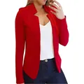 Elegant women's solid red open front blazer cardigan jacket with stand collar design - 1XL / Tops / Red