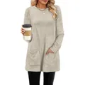 Detailed view of women's long-sleeve ribbed knit tunic featuring functional side pockets - S / Tops / Apricot