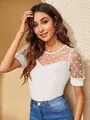 Detail of white slim fit T-shirt with sheer mesh polka dot sleeves and round neckline - S / Tops / White