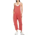 Casual solid terracotta plus size loose fit jumpsuit with spaghetti straps and patch pockets - Orange Red