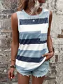 A detailed view of a women's casual striped sleeveless tank top with a chest pocket detail - S / Tops / Blue
