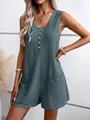Elegant sleeveless waffle knit romper with button front and side pockets for women - S / Navy Blue