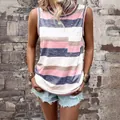 Close-up of casual striped sleeveless tank top with pocket detail - S / Tops / Pink