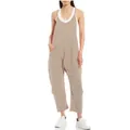 Casual loose-fitting khaki jumpsuit with large pockets and adjustable straps for women - Apricot Grey