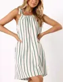 Chic sleeveless summer mini dress with green vertical stripes and bow-tie shoulder straps - S / Dresses / Green