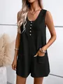 Detailed view of women's black waffle knit sleeveless romper with button closure - S / Black