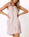 Summer white sleeveless dress featuring red vertical stripes and elegant bow tie straps - S / Dresses / Red