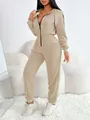 Stylish beige women's hooded zip-up jumpsuit tracksuit set for sports and leisure wear - S / Top And Bottom / Khaki
