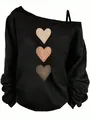 Casual black off-shoulder long-sleeve top with a trio of neutral heart prints - S / Tops / Khaki Heart / Black