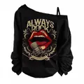 Close-up of black cold-shoulder long sleeve top with vintage Always Rock lip print - S / Tops / Rock Microphone