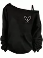 Close-up view of a black off-shoulder sweatshirt featuring a minimalist heart print detail. - S / Tops / Hand-drawn Heart